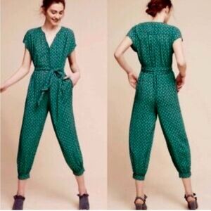 Anthropologie Maeve blue Green Geoscope button up belted Jumpsuit‎ XL